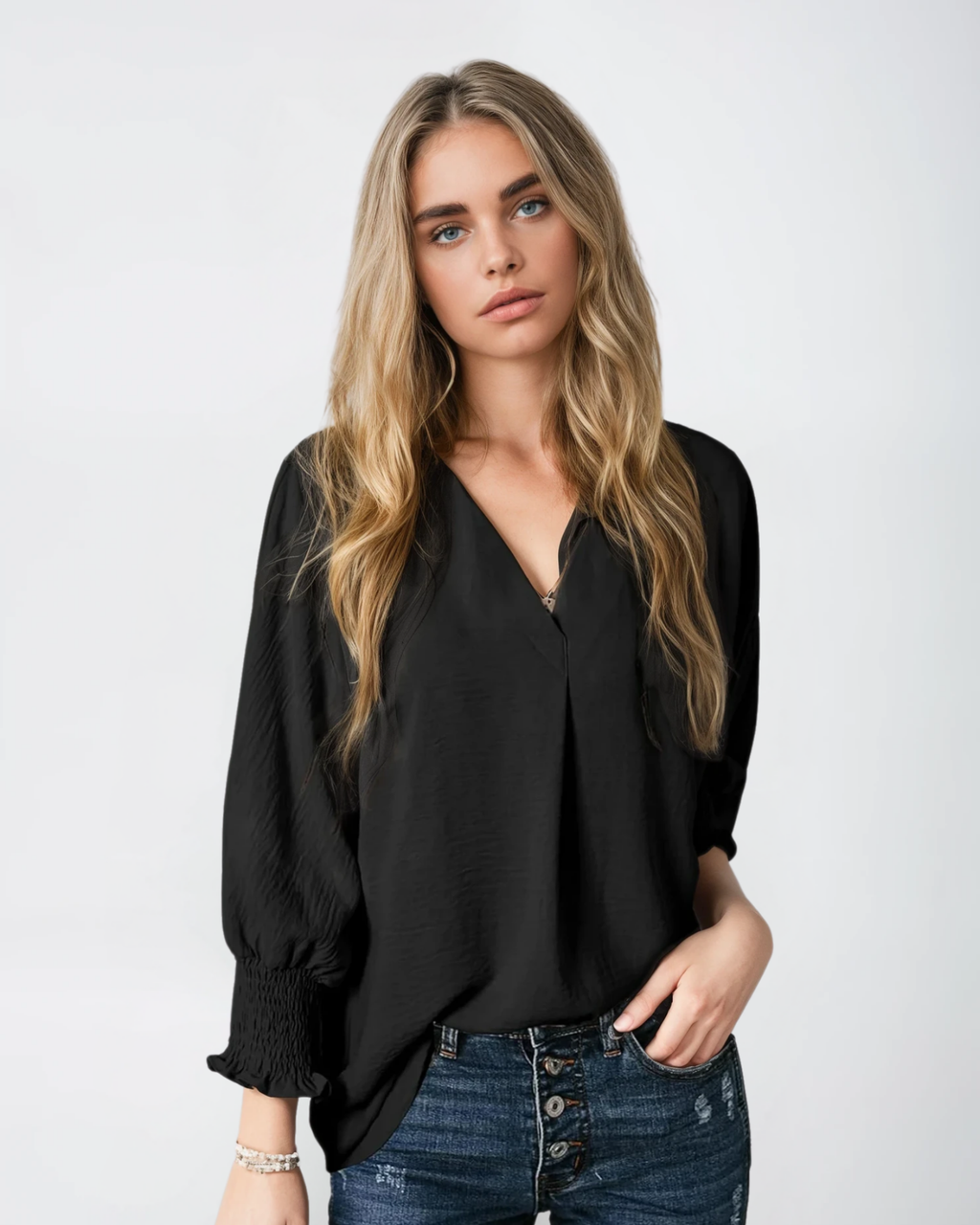 Smocked Cuff Crinkle Blouse